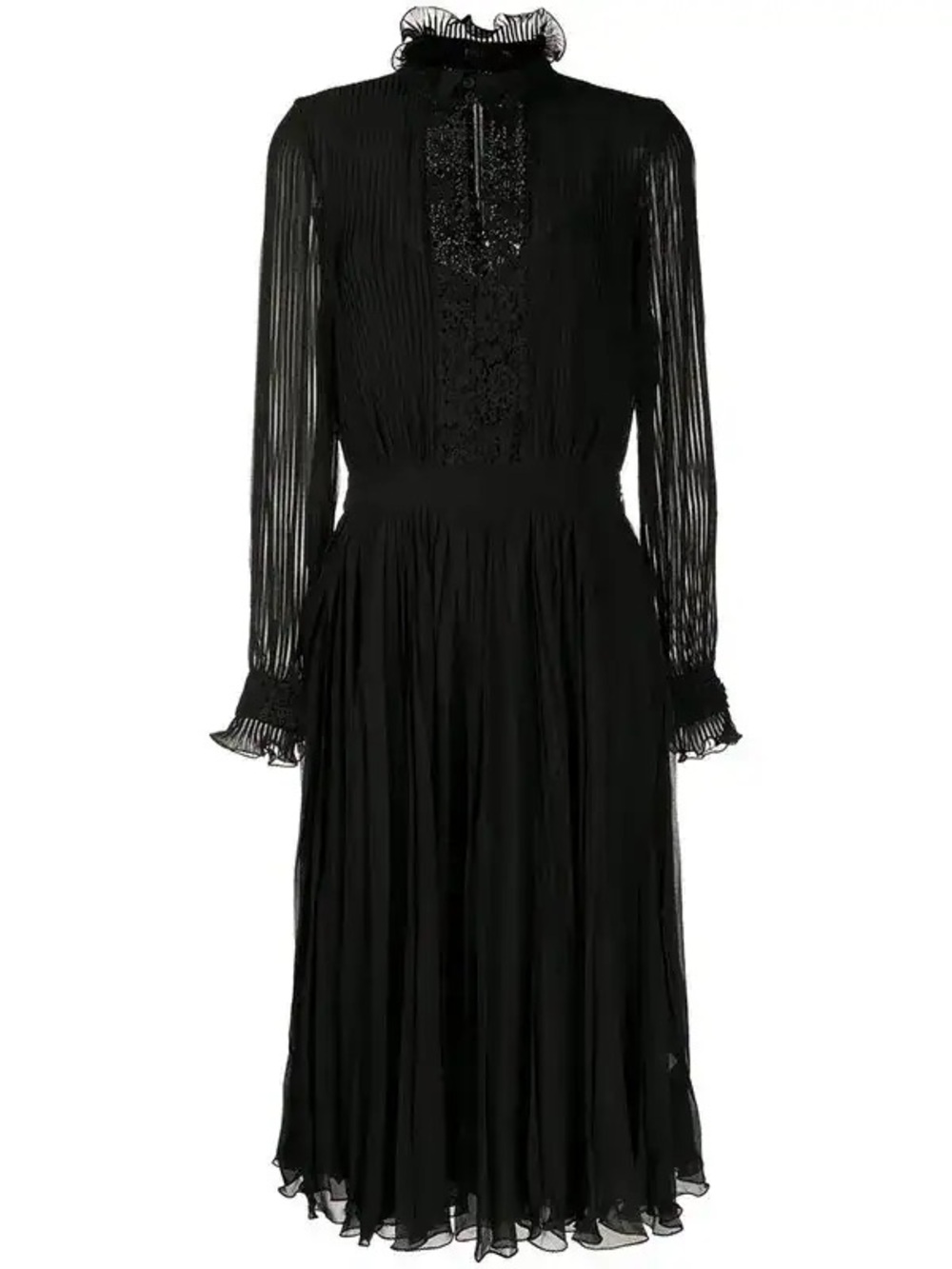 Ralph Lauren Black Long-Sleeve Ruffled Neck Pleated Midi Dress